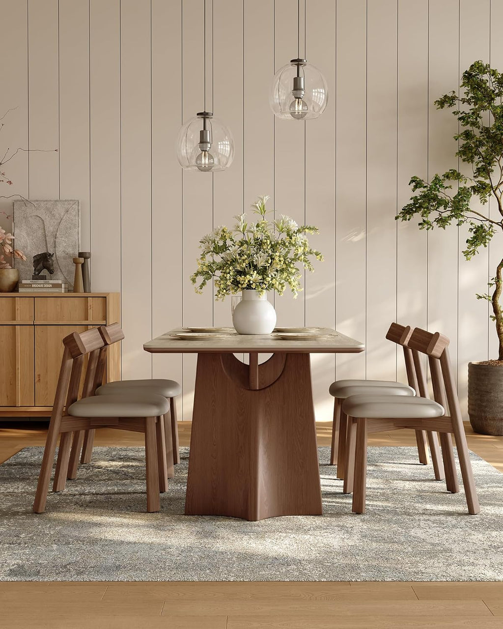 71" Sintered Stone Dining Table for 6, Luxury Rectangle Kitchen Table with Solid Wood Base, Mid Century Modern Dining Room Table