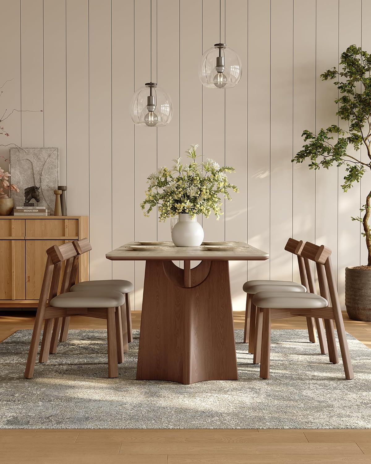 71" Sintered Stone Dining Table for 6, Luxury Rectangle Kitchen Table with Solid Wood Base, Mid Century Modern Dining Room Table