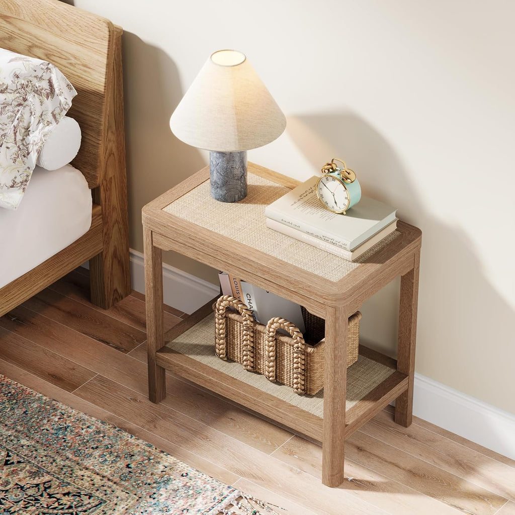 Eclatara Rattan Night Stand - Farmhouse 2 Tier End Table for Bedroom - Accent Side Table wtih Open Storage Shelves for Small Space Narrow Coffee Table Bamboo (2, Natural Oak)