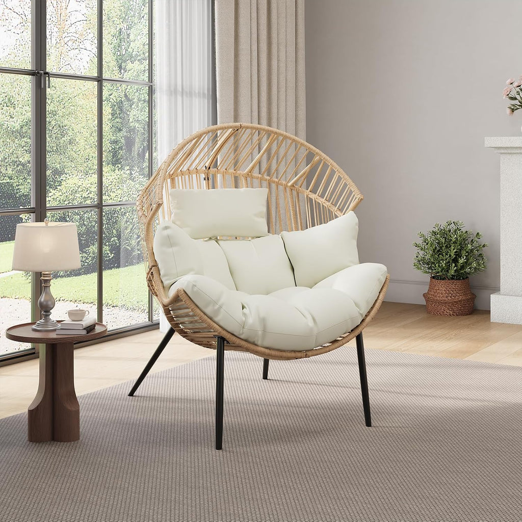 Outdoor Wicker Egg Chair, Oversized Ergonomic Rattan Lounge Rocker with Extra-Soft Pillow and Thick Cushion for Indoor & Outdoor, Living Room, Backyard & Garden – Cream Cushion, Natural Wicker Frame