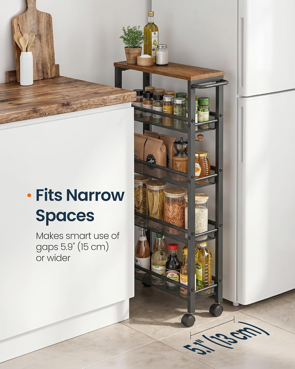 SONGMICS HOME Slim Rolling Cart, 5-Tier Storage Cart with Wheels and Handle, Narrow Utility Cart for Kitchen, Living Room, Brown and Black