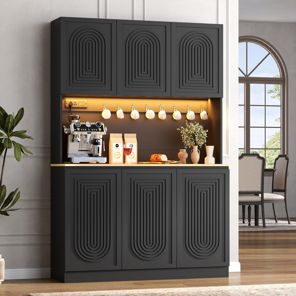 71" Black Kitchen Pantry with Power Outlet & LED Light, Large Kitchen Hutch Cabinet with Adjustable Shelf, Modern Buffet Cabinet with 6 Doors, Food Pantry Storage for Dining Room (Black 6 Doors)