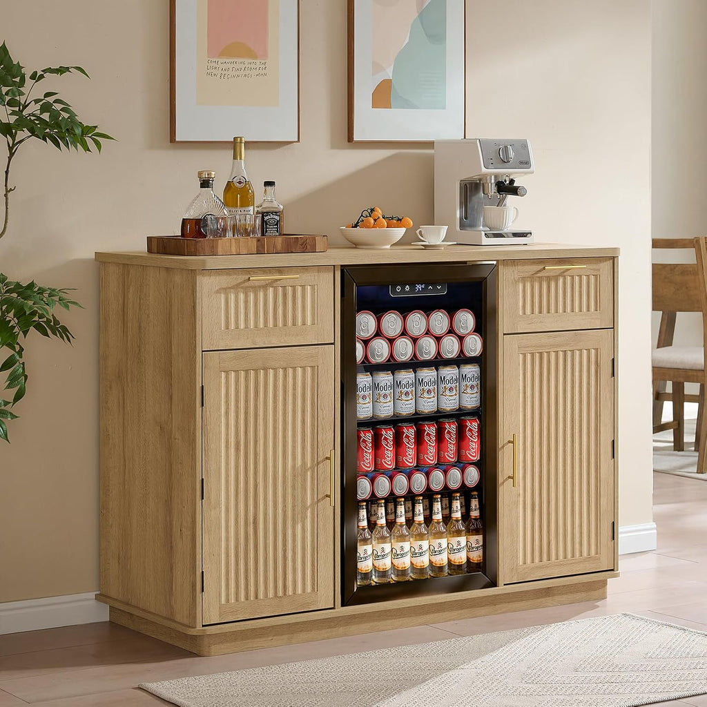 Okvnbjk Mini Fridge Cabinet with Storage & Power Outlet, Oak | Bar Cabinet with Fridge Space, Fluted Wine Bar with Wine Rack & Drawers, Coffee Station for Living Room & Dining Room
