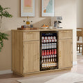 Okvnbjk Mini Fridge Cabinet with Storage & Power Outlet, Oak | Bar Cabinet with Fridge Space, Fluted Wine Bar with Wine Rack & Drawers, Coffee Station for Living Room & Dining Room