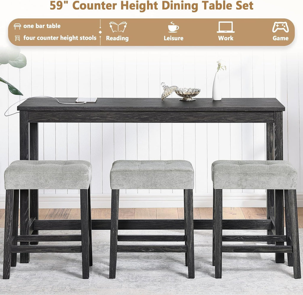 4-Piece Bar Height Table and Chairs with Power Outlet, 59" Counter Height Dining Table Set for 3, High Pub Tables with 3 Linen Upholstered Stools for Kitchen Bar Dining Room (Black RectTable+3Chair)