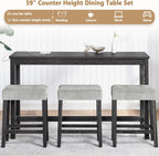 4-Piece Bar Height Table and Chairs with Power Outlet, 59" Counter Height Dining Table Set for 3, High Pub Tables with 3 Linen Upholstered Stools for Kitchen Bar Dining Room (Black RectTable+3Chair)