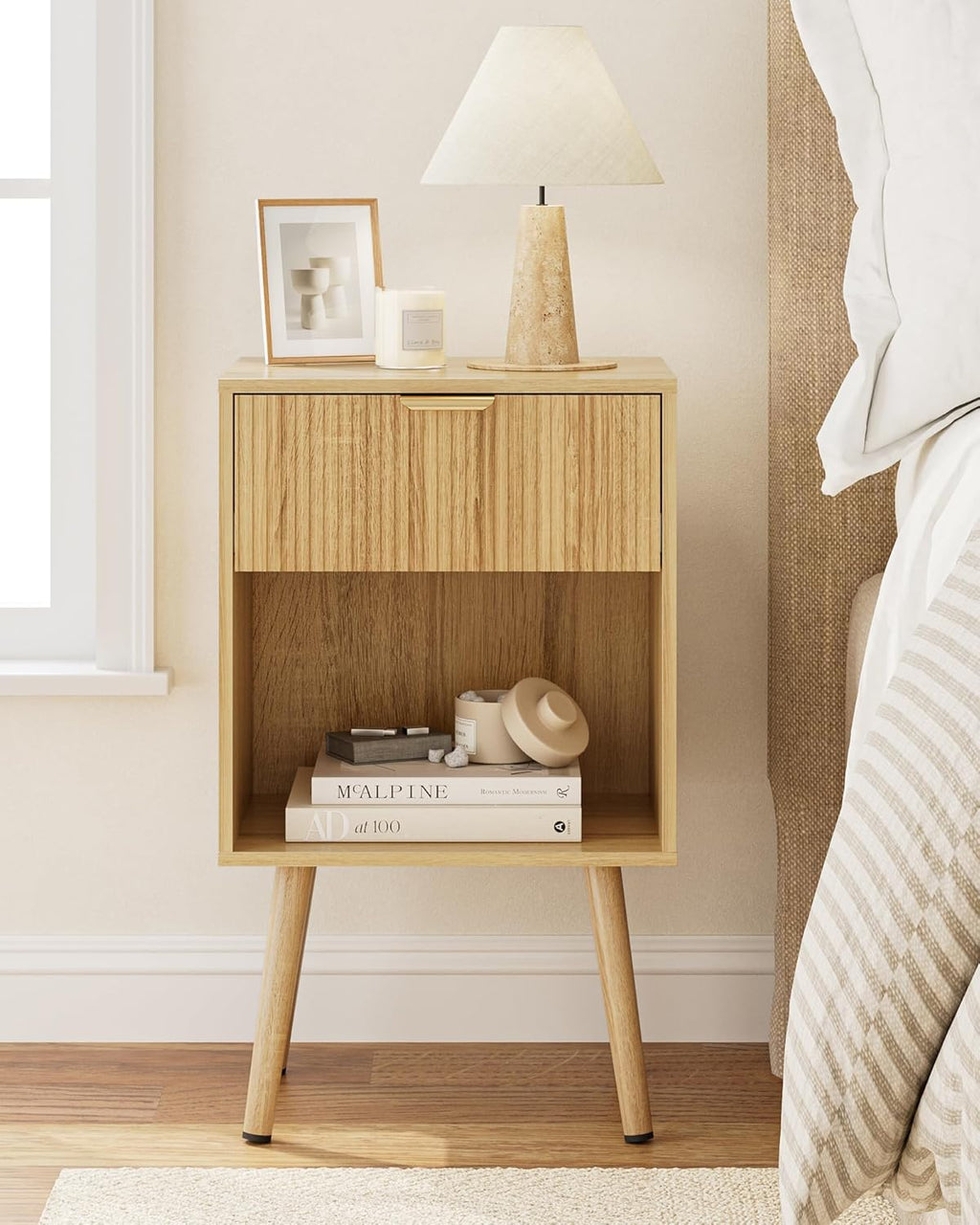 Oak Fluted Nightstand, Modern Bedside Table with Storage Drawer, Wood Night Stand Side End Table for Bedroom, Living Room, Office