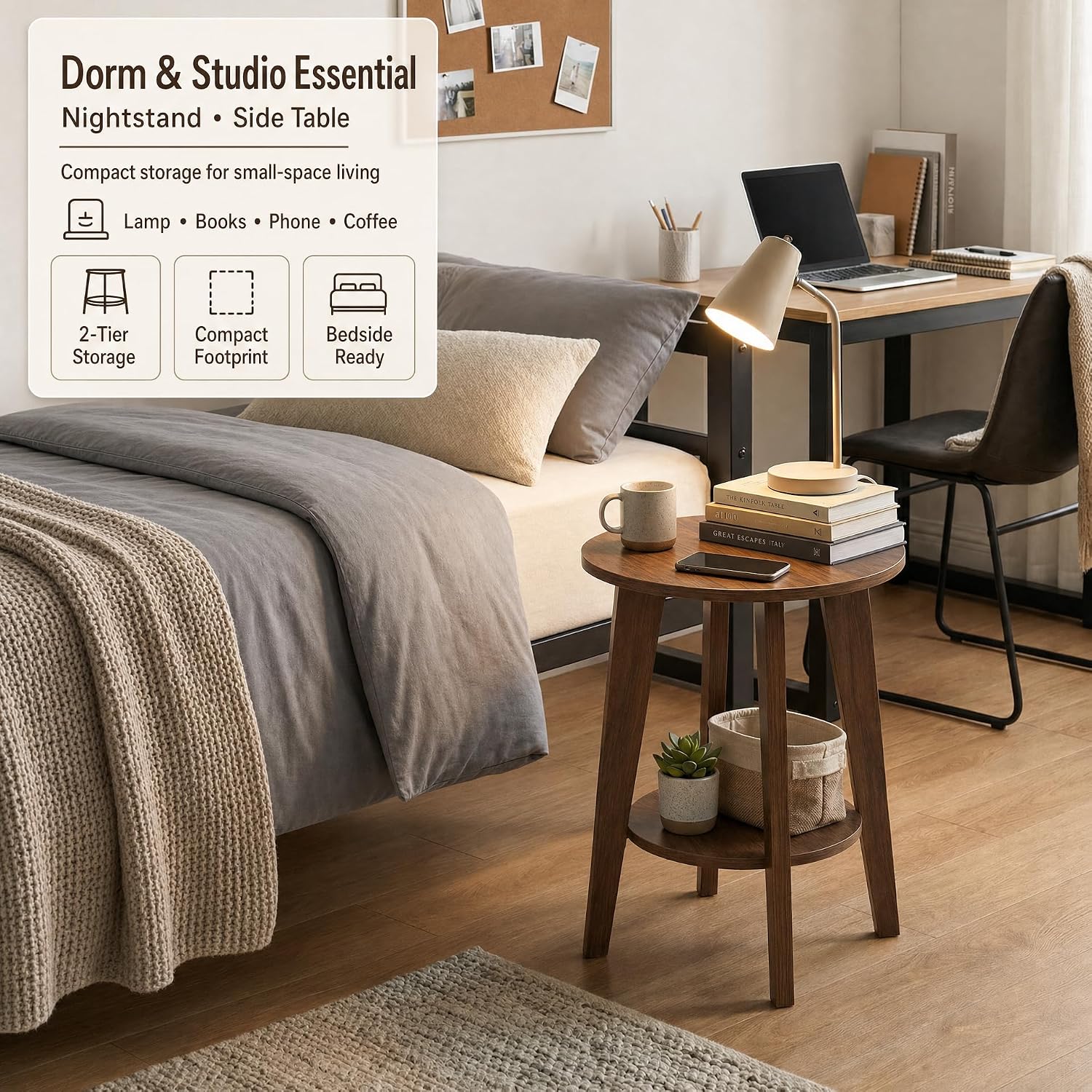 Small Round Side Table-17.7" Cute End Table with 2-Tier Storage-Waterproof Low Nightstand for Kids Room,Nursery,Small Spaces,Plant Stand&Bean Bag(Walnut)