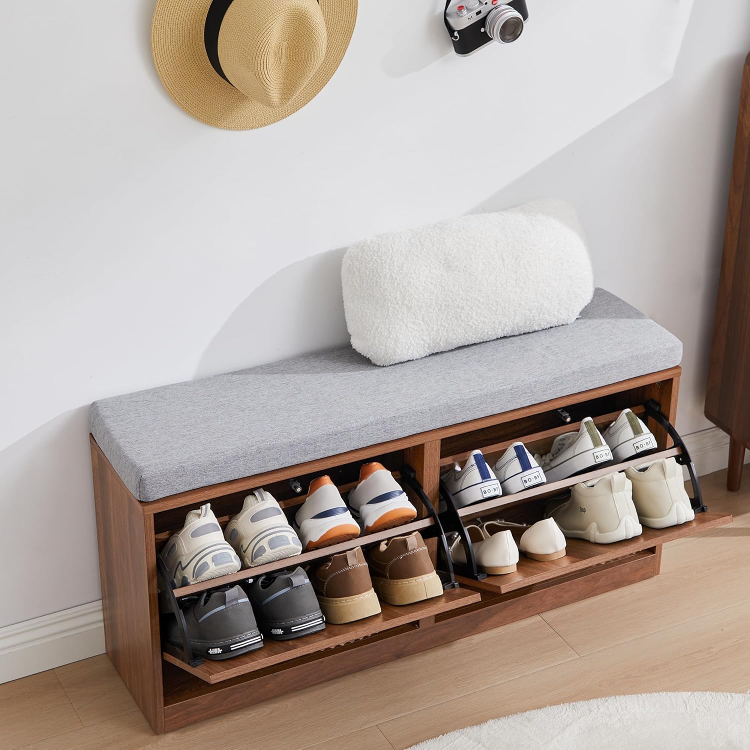 Narrow Shoe Storage Bench for Entryway, Wooden Shoe Cabinet with Flip Drawers& Adjustable Shelves, Shoe Rack Bench with Cushion, Shoe Organizer with Fluted Pattern for Hallway, Living Room (Walnut)