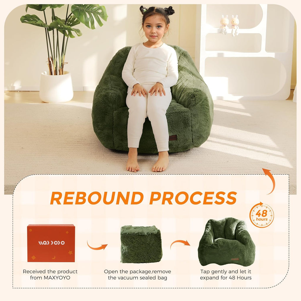 MAXYOYO Kids Bean Bag Chair, Comfy Bean Bag Sofa with Back Support, Faux Fur Cute Chair for Boys and Girls, Stuffed Floor Sofa for Nursery, Bedroom, Green