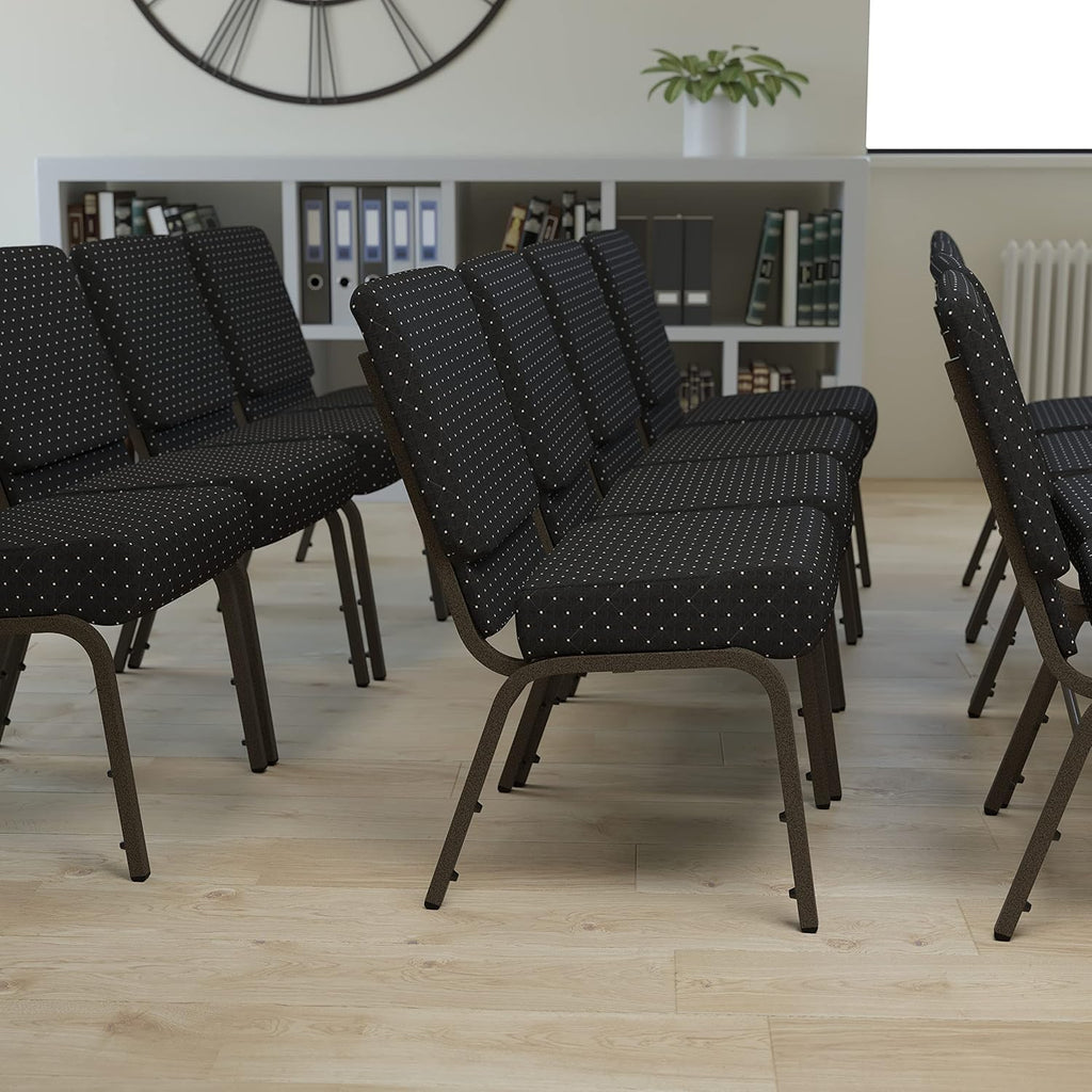 EMMA + OLIVER 21" W Stack Church Chair, Black Dot Patterned Fabric/Gold Vein