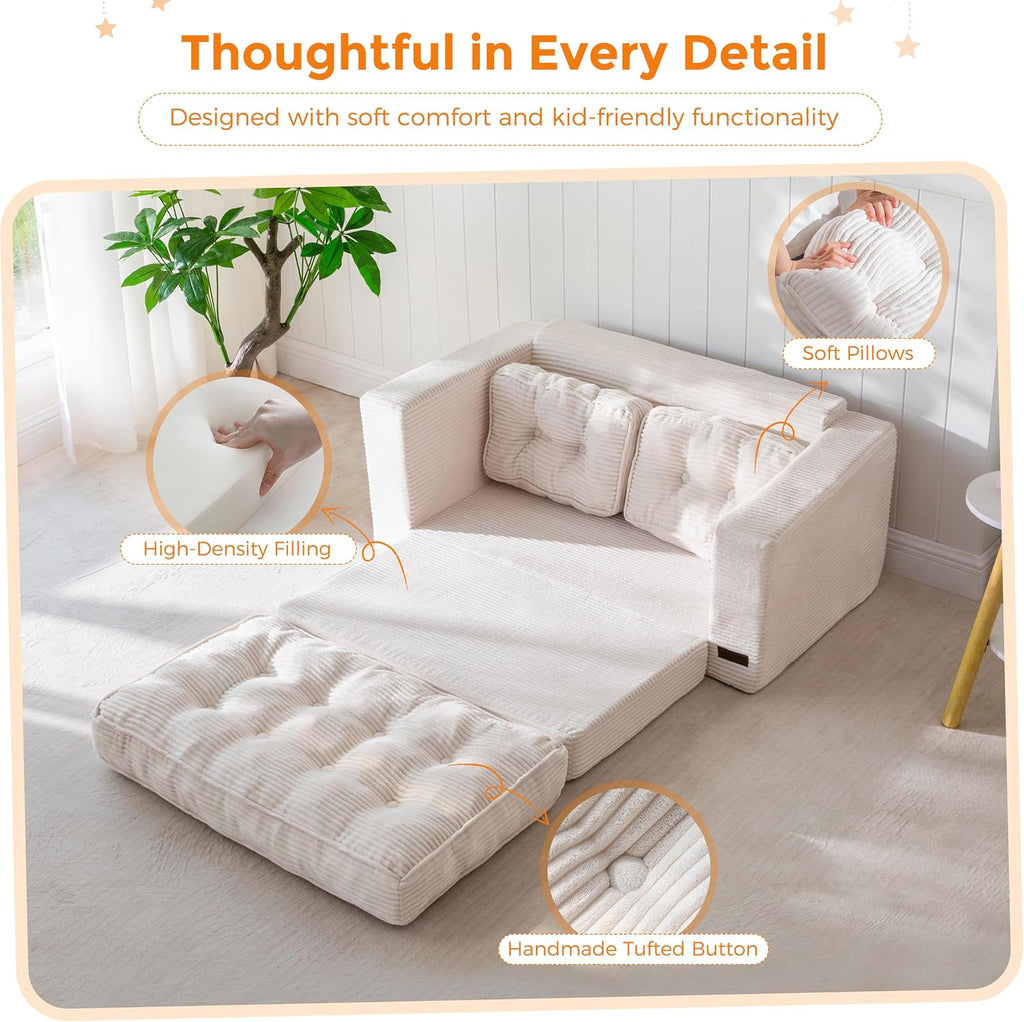 MAXYOYO Convertible Sofa Bed for Boys and Girls, Floor Kids Bean Bag Chair | Pull Out Folding Kids Sofa Chair, Comfy Kids Bean Bag Chair for Playroom, Children's Day & Birthday, Beige