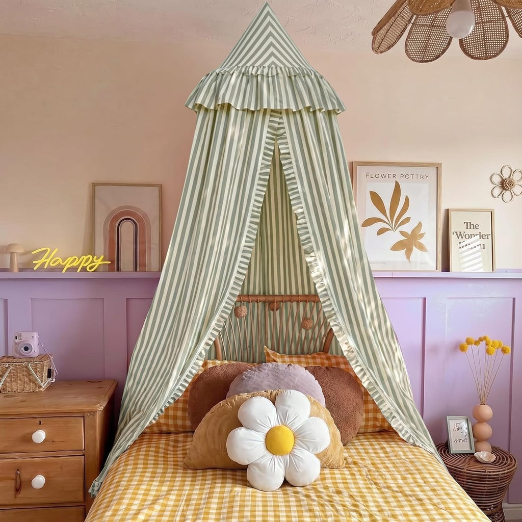 SmoothNovelty Green Striped Bed Canopy with Ruffles, Soft Cute Decorative Tent, Hanging Bed Curtains for Reading Nook Play Area, Adult Bedroom Circus Tent Canopy
