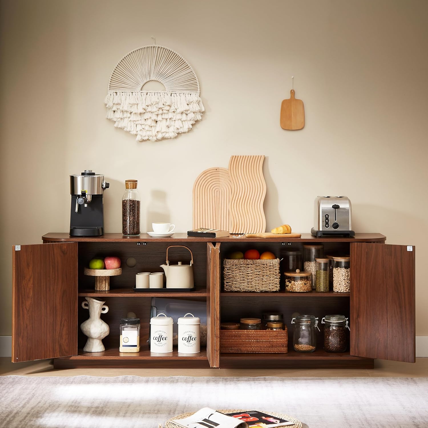 64'' Sideboard Buffet Cabinet, Wood Entertainment Center Modern TV Stand, Media Console with 4 Cabinets for Storage, Television Stands Coffee Bar for Living Room, Dining Room, Entryway