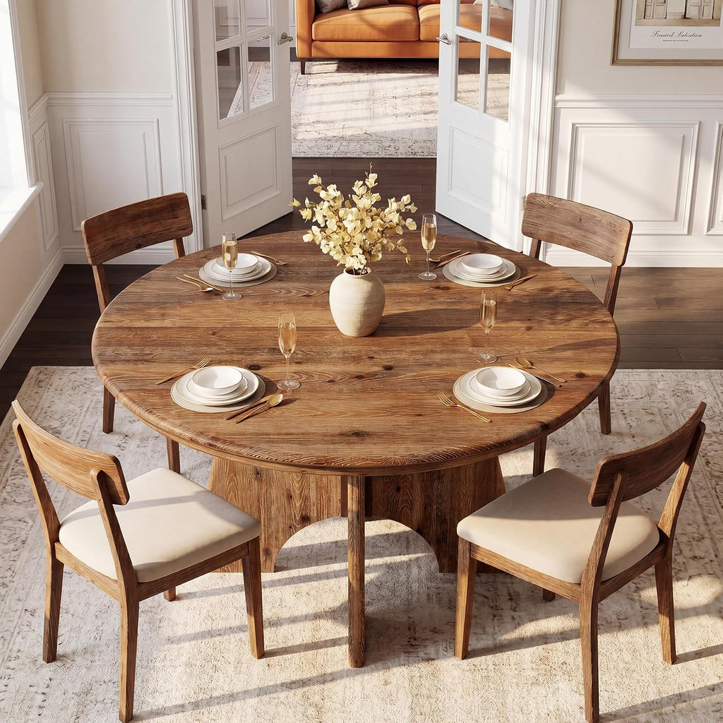 47" Solid Wood Round Dining Table for 4-6 People, Farmhouse Kitchen Table for Dining Room, Kitchen, Living Room, Rustic Brown