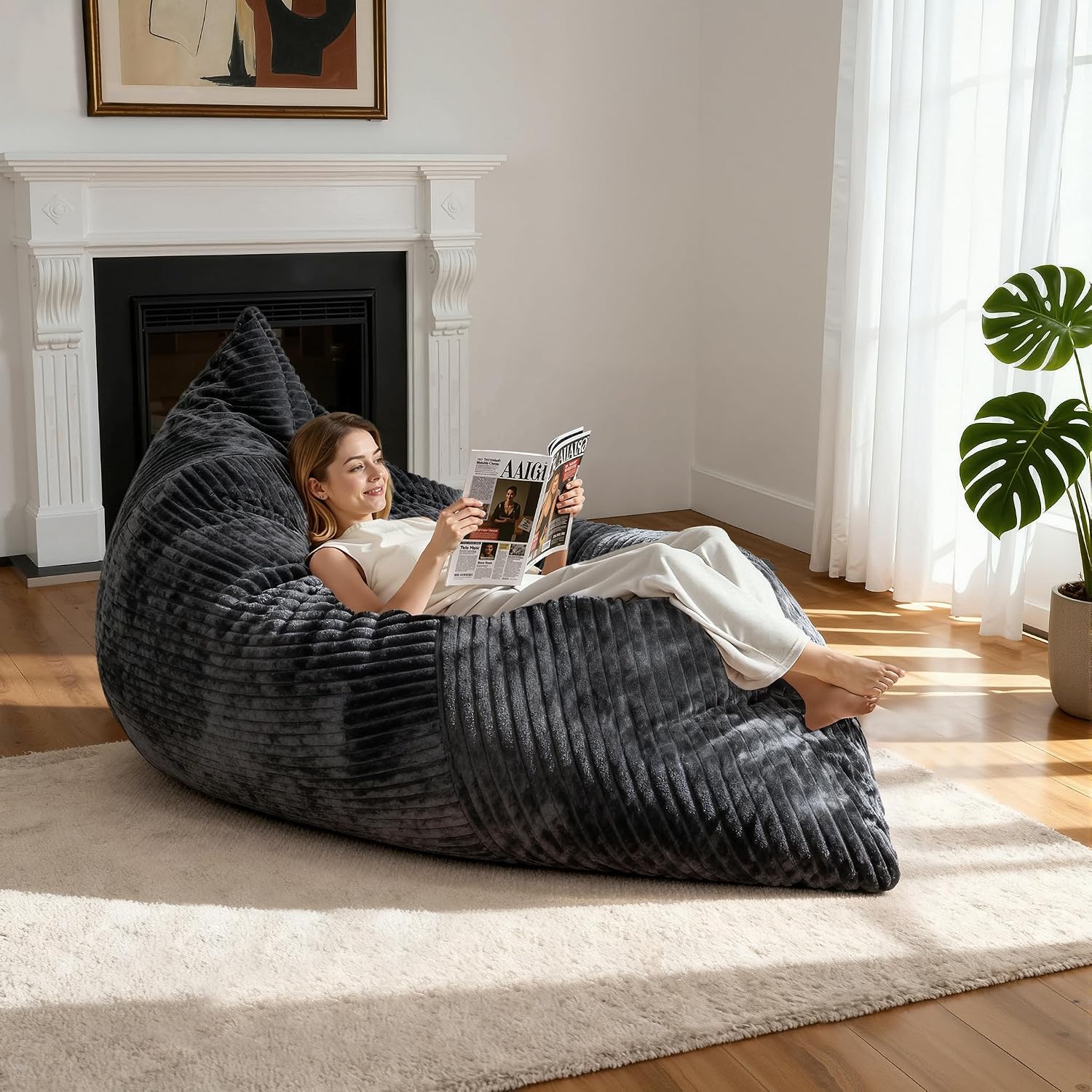 nalone 6.4 FT Giant Bean Bag Chair for Adults, 4 in 1 Memory Foam Filled Beanbag Chair, Floor Sofa Bed with Fluffy Washable Flannel Cover, Lounge Couch for Bedroom, Living Room (Grey)