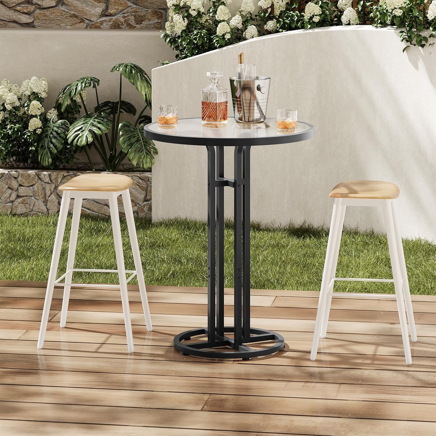 HOOBRO Bar Table, 23.6-Inch Round Pub Table, Frosted Glass Cocktail Table with Sturdy Iron Frame & Adjustable Feet, Modern Small Coffee for Home Bar, Kitchen, Living Room, Outdoor, Black BK96BT01