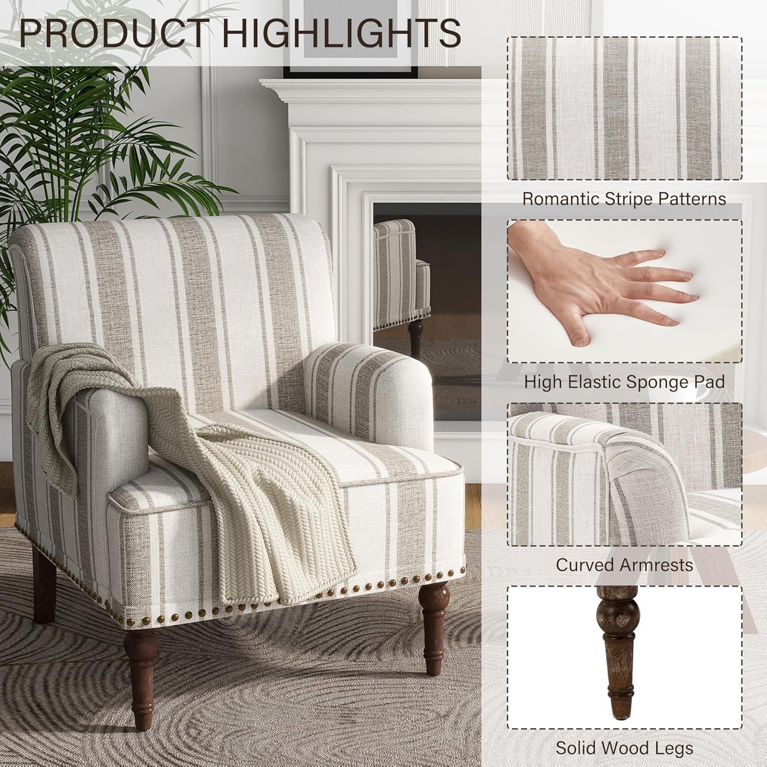 Stripe Accent Chair, Fabric Upholstered Armchair Modern Nailhead Trim Club Arm Chairs for Living Room with Wood Legs, Comfy Single Sofa Seat Bedroom Side Reading Seating - Brown