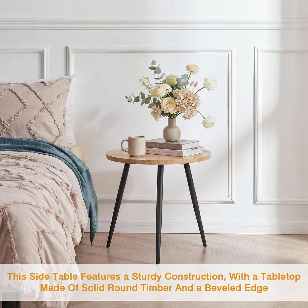 VECELO Modern Side Table, Round Small End Table, Exclusively Designed Hand-Crafted Small Nightstand, Solid Wood,Natural top with Black Metal Legsfor Bedrooms, Living Rooms and Home Office