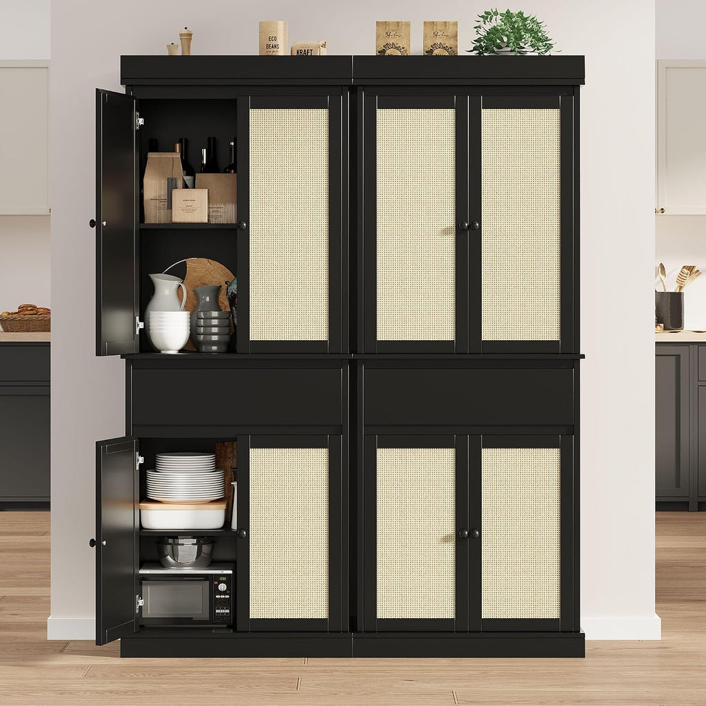 Garvee Tall Pantry Cabinet, Rattan Kitchen Pantry Storage Cabinet with Doors and Adjustable Shelves, 69" Freestanding Cupboard Cabinet with Drawer for Bathroom, Dining Room, Living Room, Black