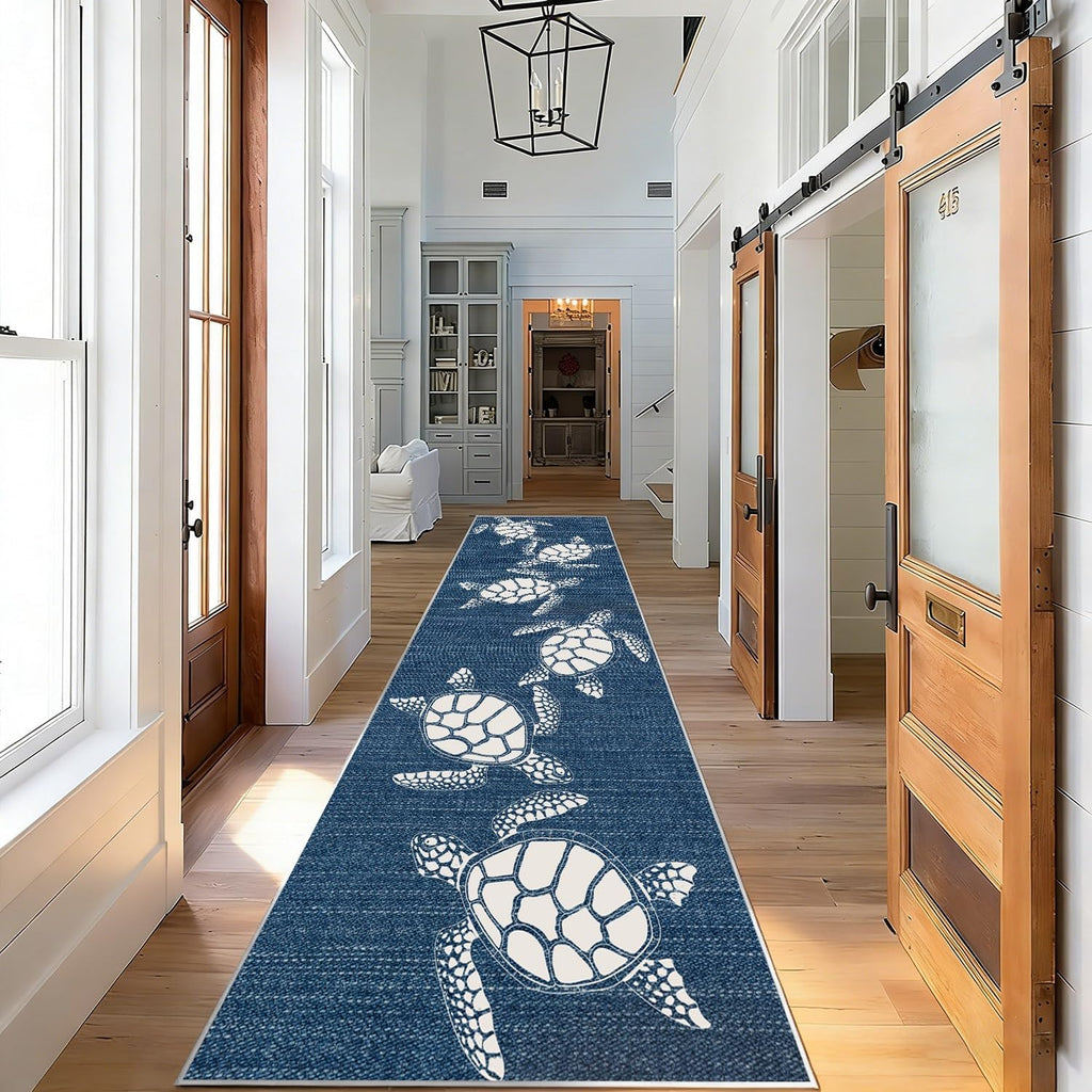 Navy Blue Sea Turtle Runner Rug 2x6, Coastal Nautical Ocean Theme, Washable Non-Slip Long Hallway Carpet Kitchen Mat Floor Area Rug for Laundry Room Entryway