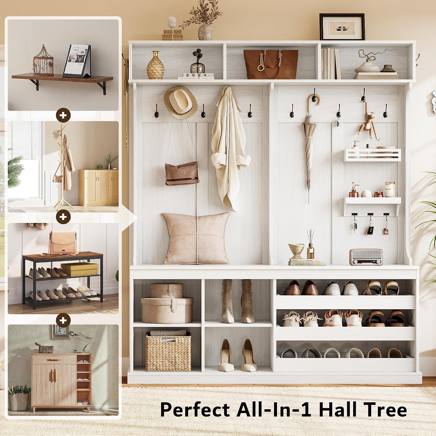 iPormis 70“ Large Hall Tree with Bench and Adjustable Shoe Storage, 6-in-1 Farmhouse Entryway Bench w/Coat Rack, Top Storage, Small Shelves for Entryway, Living Room, Led Lights, White