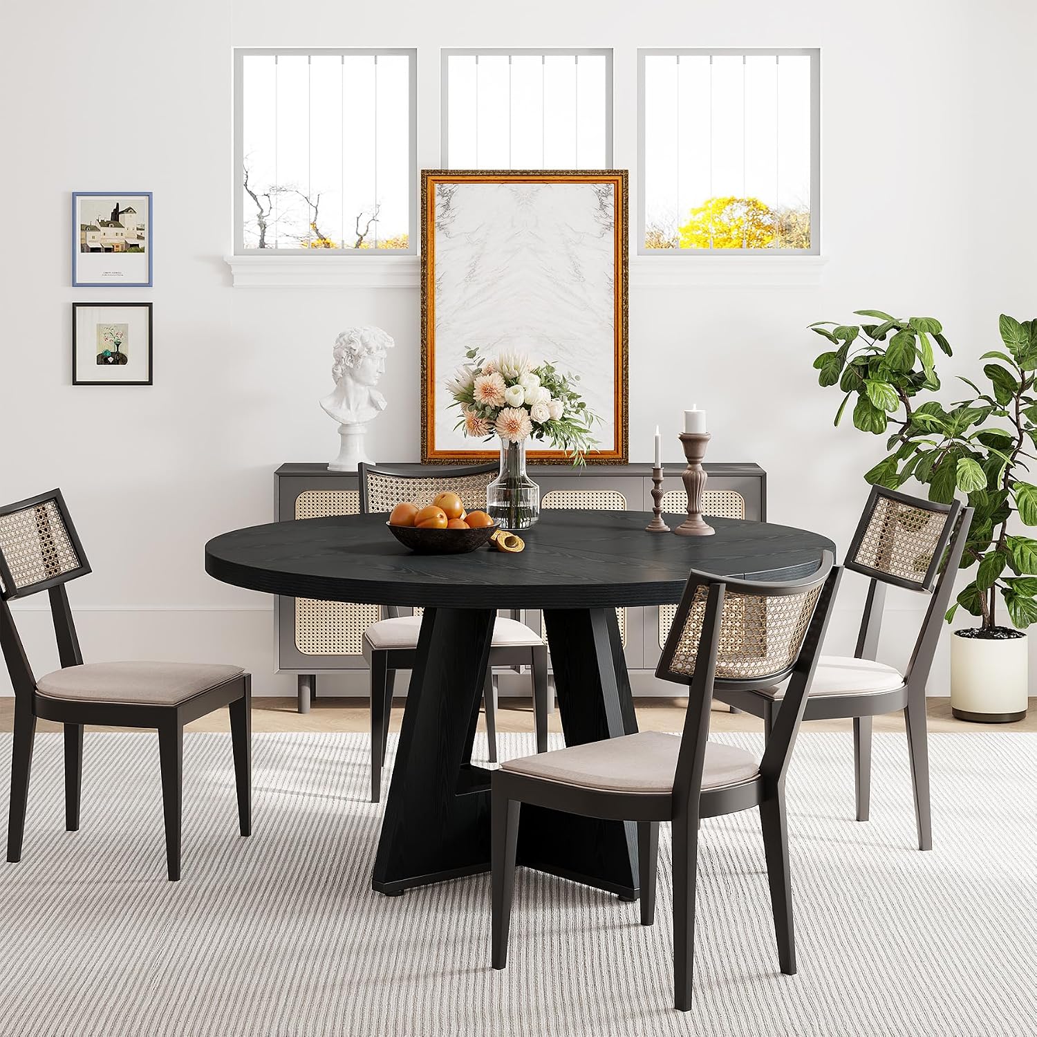 Tribesigns 47 inch Round Dining Table Wood Kitchen Table for Dining Room, 47" Dinner Room Tables for 4-6, Farmhouse Accent Furniture with Wooden Tabletop and Cross Base, Black