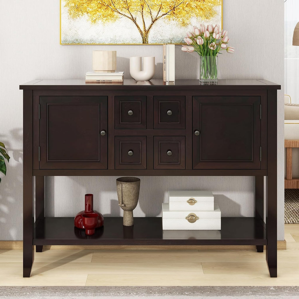 Knocbel Vintage Wood Console Table Buffet Sideboard with 4 Storage Drawers, 2 Cabinets & Bottom Shelf, Entryway Hallway Foyer Table Cupboard Coffee Bar Cabinet (Espresso 44.5")