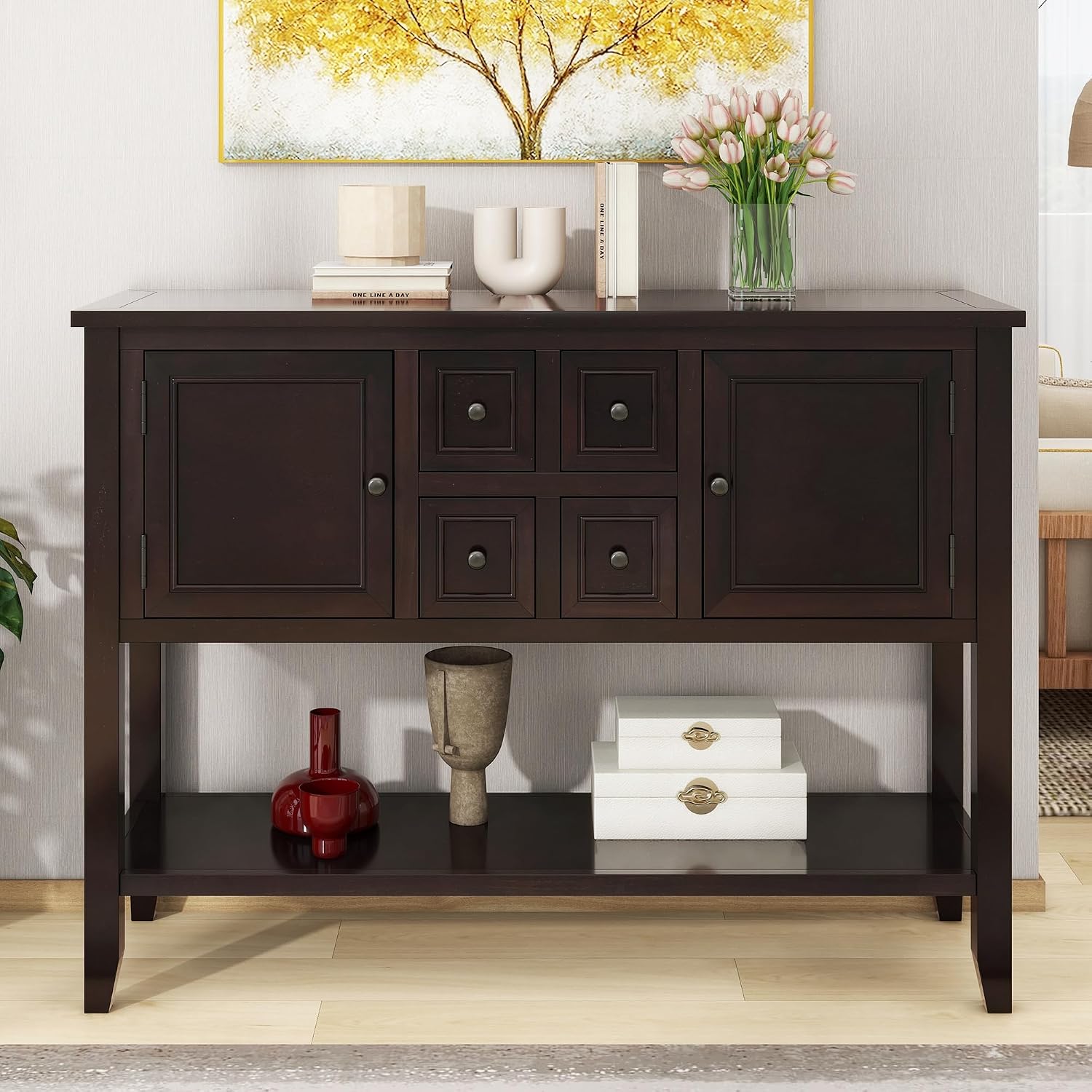 Knocbel Vintage Wood Console Table Buffet Sideboard with 4 Storage Drawers, 2 Cabinets & Bottom Shelf, Entryway Hallway Foyer Table Cupboard Coffee Bar Cabinet (Espresso 44.5")