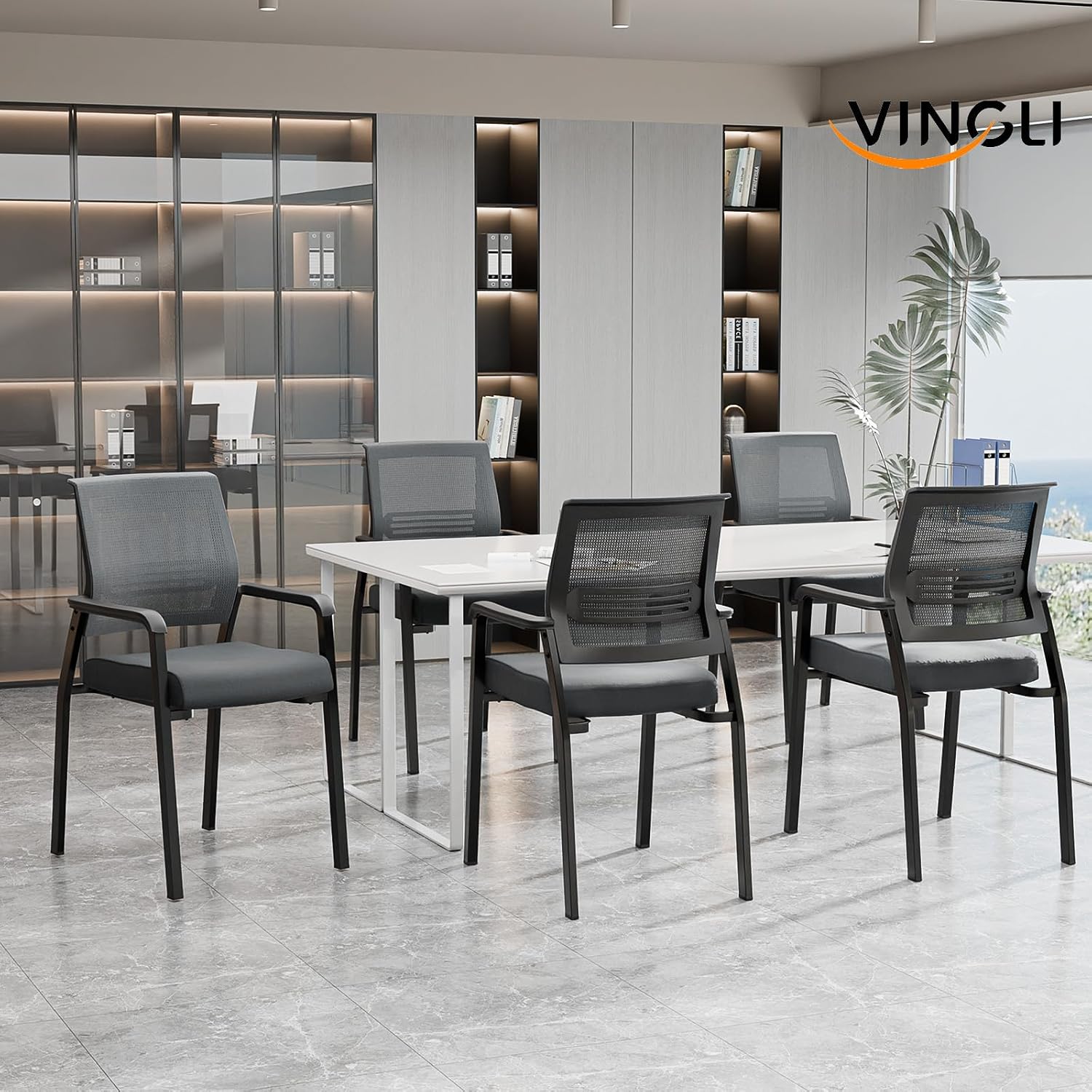 VINGLI Oversize 350 lbs Waiting Room Chairs, 4P Stackable Office Chairs, Grey, Contemporary Style, Mesh Back & Seat, Steel Frame, 355 lbs Capacity