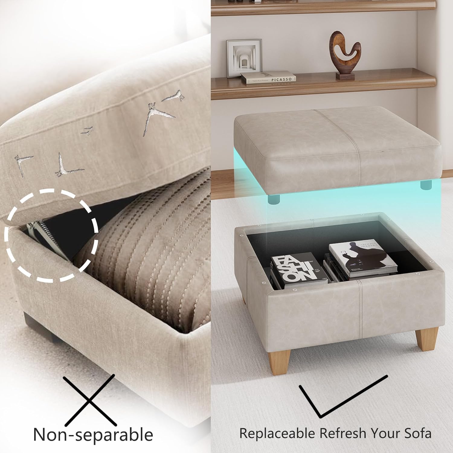 EASE MOOSE Middle Module Seat for Modular Sofa with Reversible Chaises, Faux Leather Armless Chair Customizable Sectional Sofa Couch with Storage