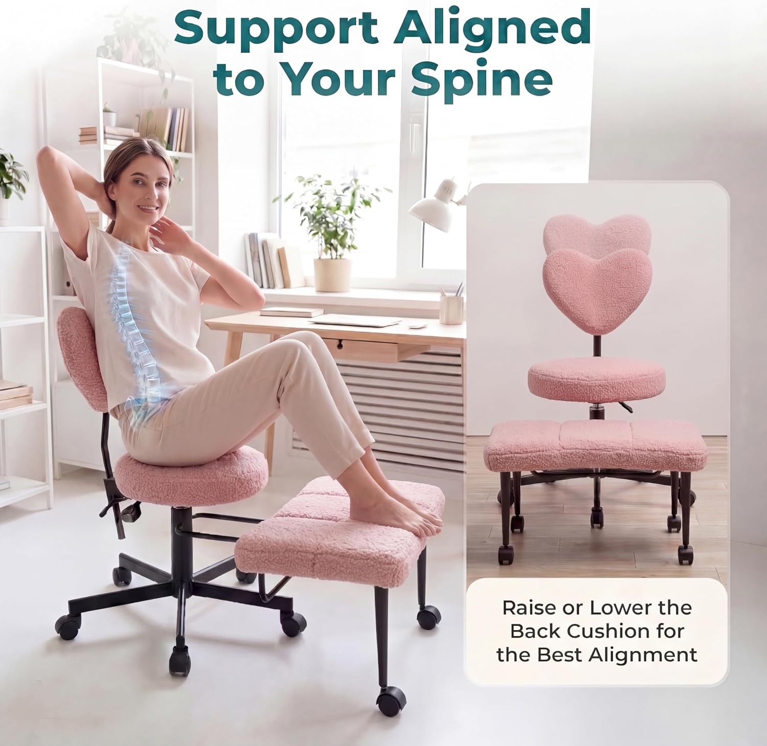 Ergonomic Cross Legged Office Chair with Foot Rest for Kneeling Seating - Crisscross Desk Chair with Wheels for ADHD to Sit Cross Legged - Multi-Position Adjustable Seat with Back Support for Women