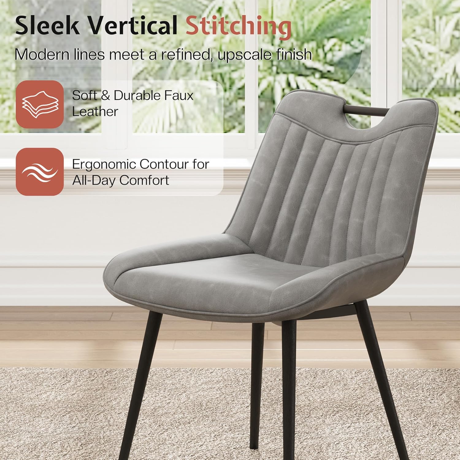 Jocisland Upholstered Faux Leather Dining Chairs Set of 4, Mid-Century Modern Kitchen & Dining Room Chairs with Curved Backrest, Cutout Handle, Metal Legs & Padded Seat, Grey