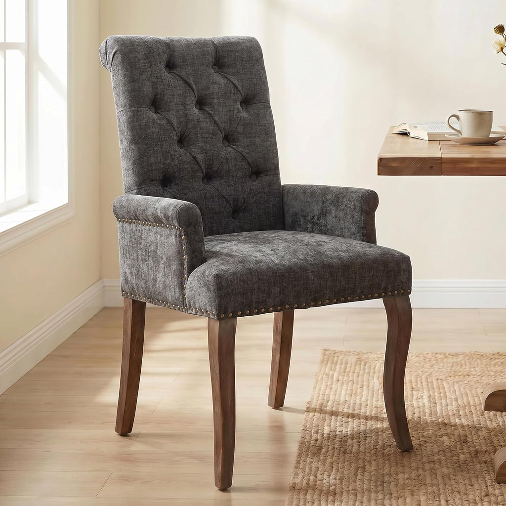 Upholstered Dining Chairs with Arms, Tufted Chenille Kitchen Chairs with Arms, Modern Farmhouse Armchair with Nailhead Trim for Dining Room, Home Office (Gray, 1 Pack)