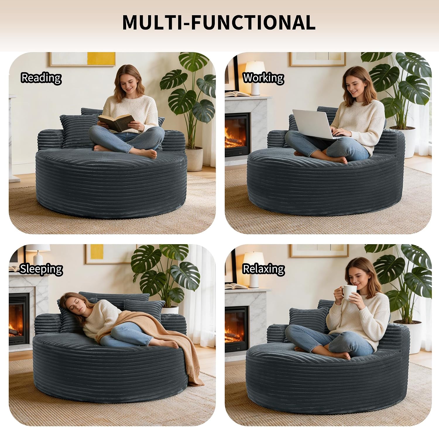 Garvee 55'' Oversized Round Chaise Lounge Chair Indoor, Upholstered Corduroy Cloud Circle Chair with 3 Pillows, Deep Seat Circle Single Cloud Lounge for Living Room, Grey