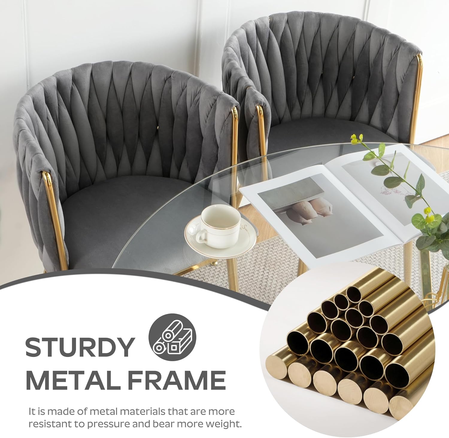 Baysitone Modern 5-Piece Dining Set with 36" Round Glass Table & 4 Woven Velvet Upholstered Dining Chairs, Gold Metal Table Legs, Kitchen & Dining Room Furniture for Small Spaces(Gray&Gold)