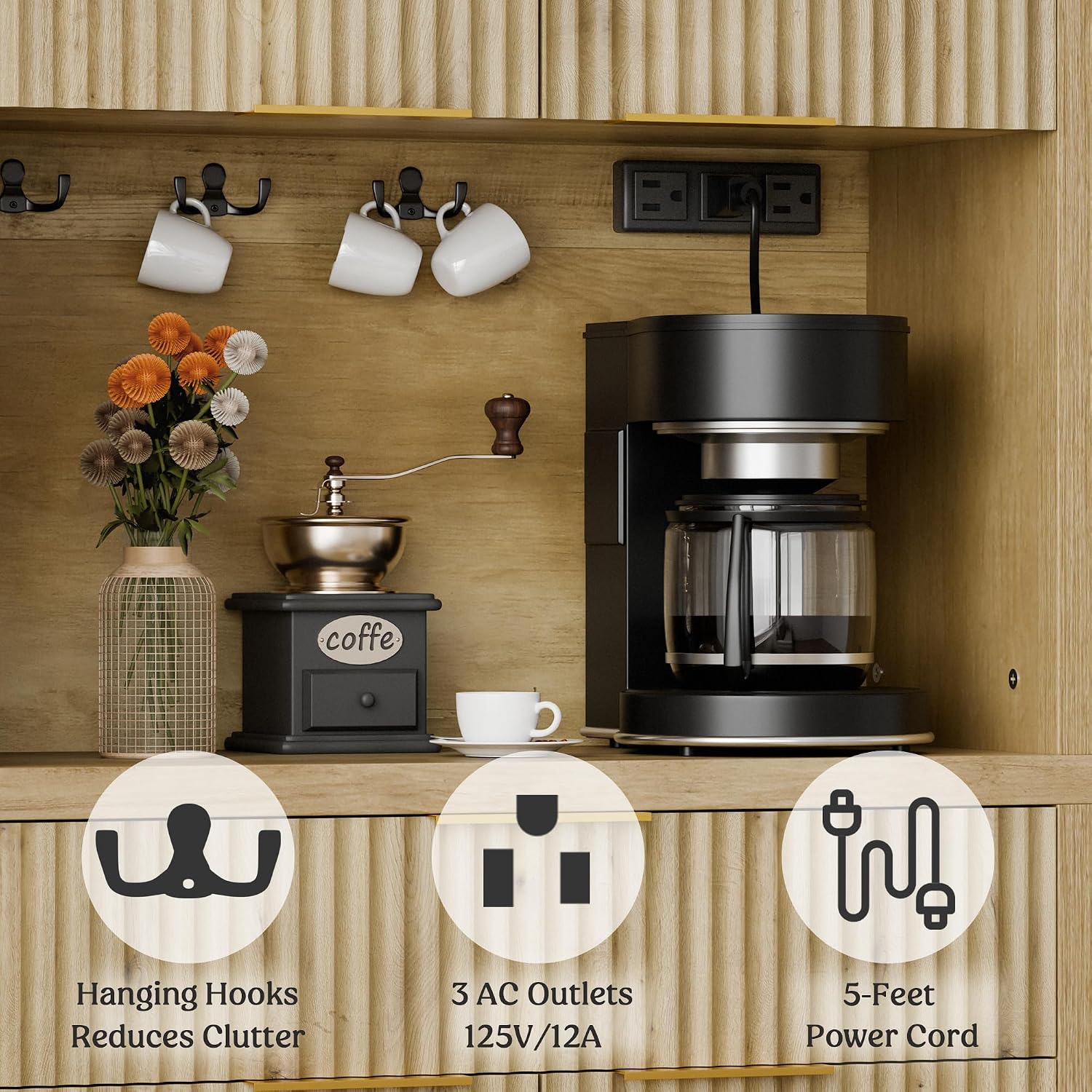 Lulive 71" Fluted Pantry Cabinet with Charging Station & Adjustable Shelves, Spacious Kitchen Storage Cabinet with Open Countertop & Drawer for Dining Room, Living Room, Natrual
