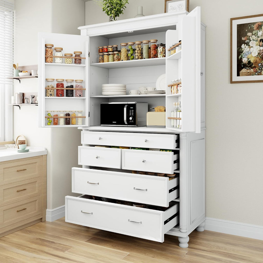 LUMISOL 77" Kitchen Pantry Cabinet with Storage, Storage Cabinet with 5 Drawers and 6 Door Shelves,Pantry Cabinet with Microwave Shelf and Adjustable Shelf, Freestanding Cupboard for Kitchen, White