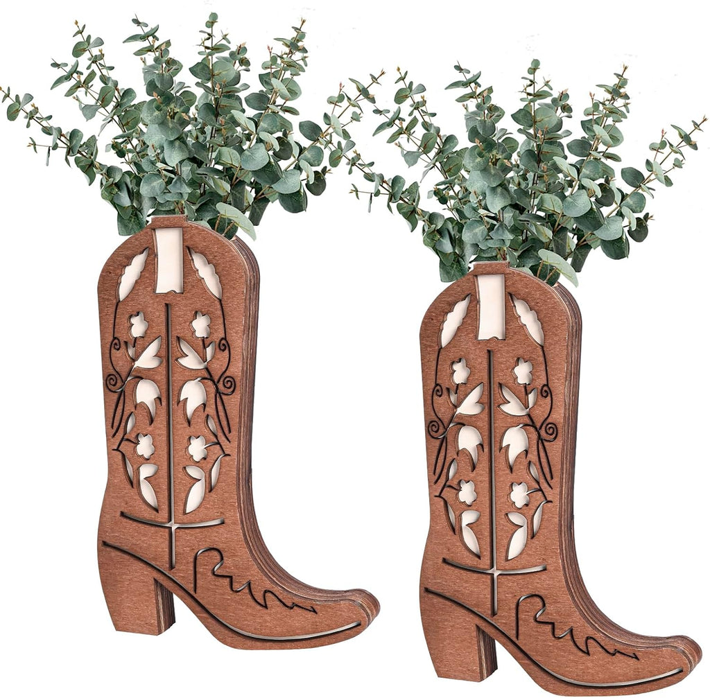 2 Pcs Wood Cowboy Boot Vase for Flowers Faux Greenery, Cowgirl Boot Decor, Western Wall Decor for Bathroom, Bedroom, Kitchen(Flower)