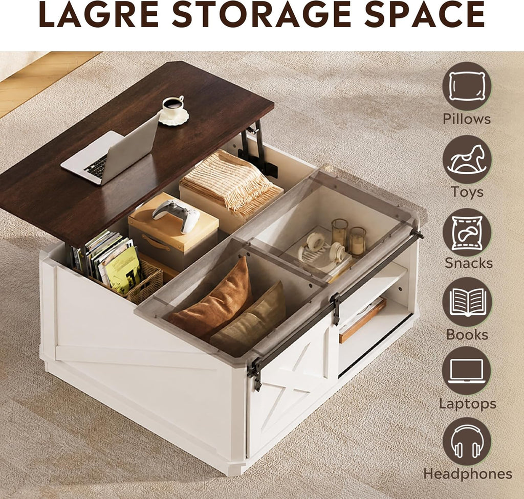 WLIVE Lift Top Coffee Table with Storage, 35.5" Farmhouse Coffee Table for Living Room, Square Center Table with Large Hidden Compartment and Adjustable Shelves White