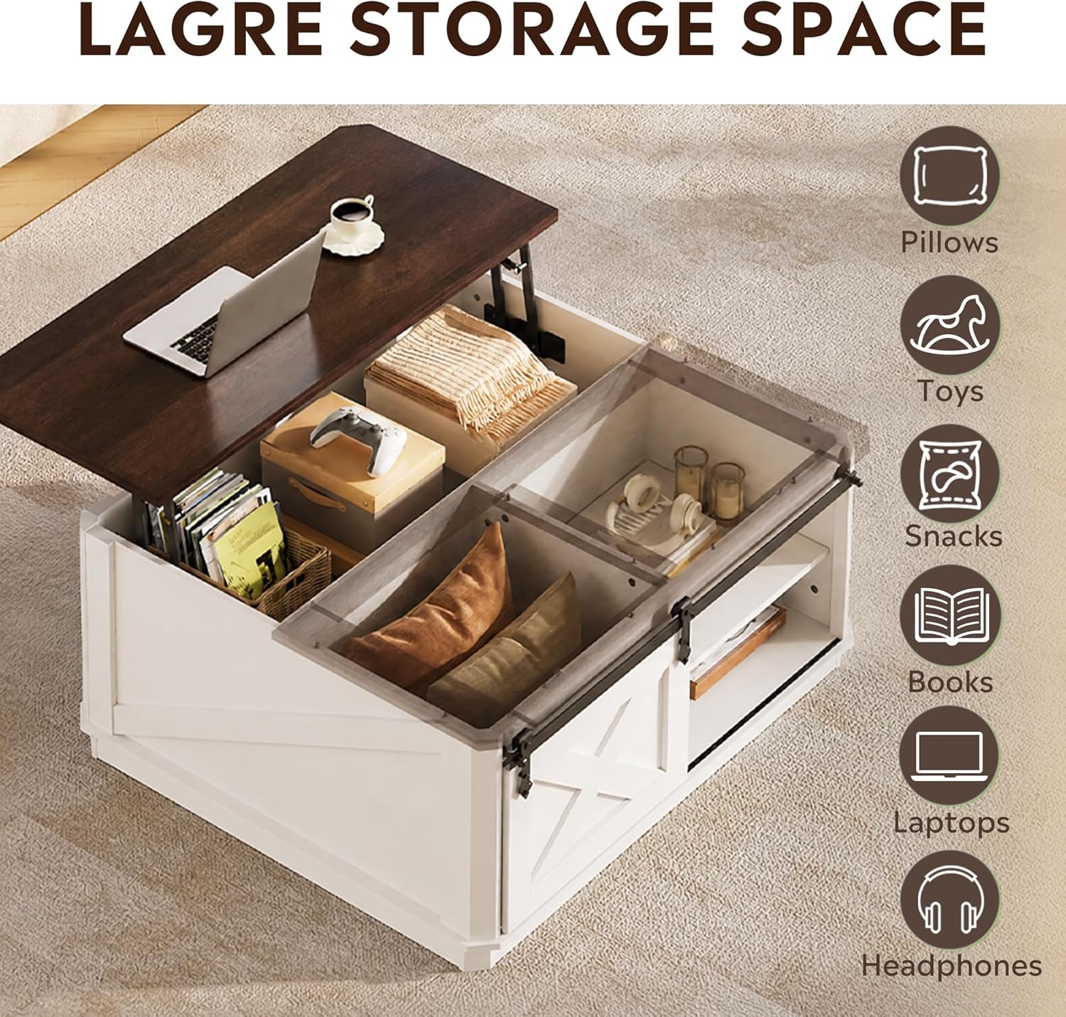 WLIVE Lift Top Coffee Table with Storage, 35.5" Farmhouse Coffee Table for Living Room, Square Center Table with Large Hidden Compartment and Adjustable Shelves White