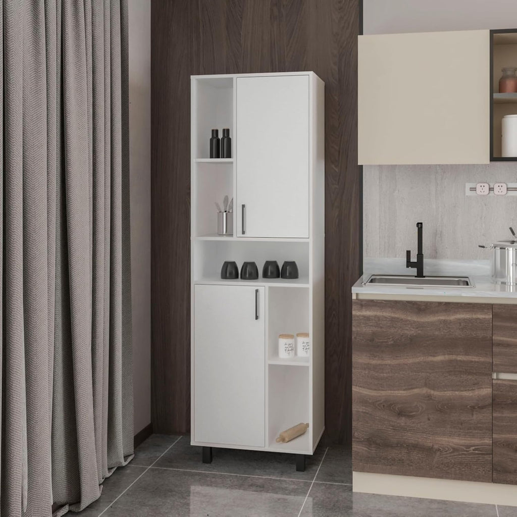 23.6" D*16.2" W*74.8" H Freestanding Kitchen Pantry with 4 Shelves, 2 Single Doors, Rectangular Wood Storage Cabinet, Modern Minimalist, for Living Room, Dining Room, White