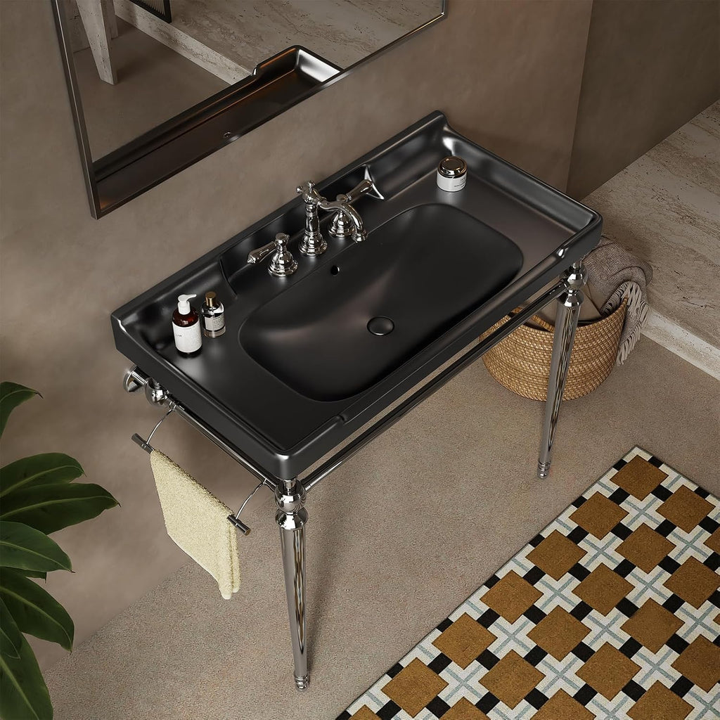 36'' Console Bathroom Sink, Freestanding Console Sink With Stainless Brushed Chrome Legs, Modern Bathroom Vanity with 3 Tap Holes, Black with Silver
