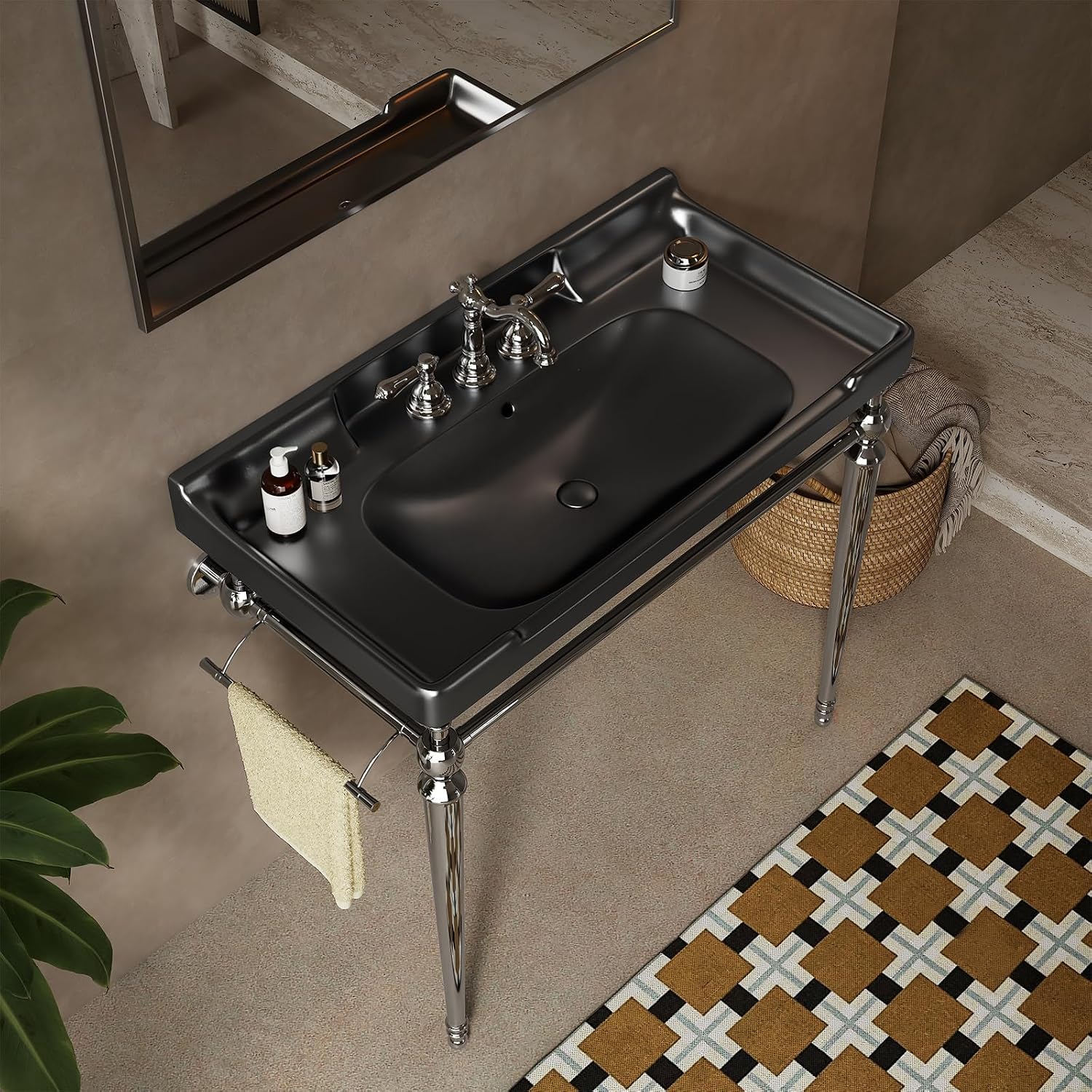 36'' Console Bathroom Sink, Freestanding Console Sink With Stainless Brushed Chrome Legs, Modern Bathroom Vanity with 3 Tap Holes, Black with Silver