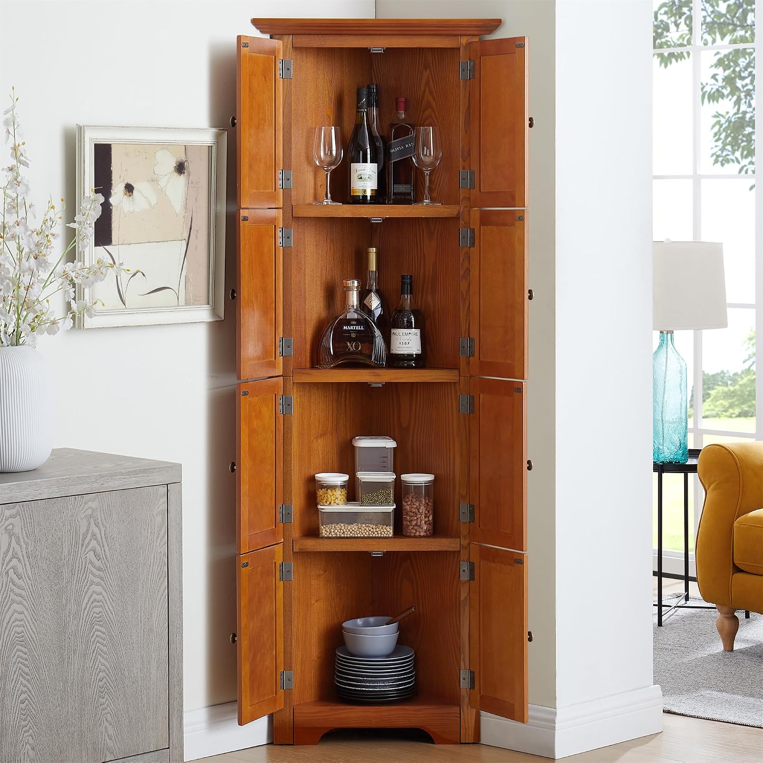 4-Tier 72" Tall Corner Pantry Cabinet with 8 Doors, Large Storage Organizer for Kitchen, Living Room, Bathroom & Farmhouse Decor (Oak)