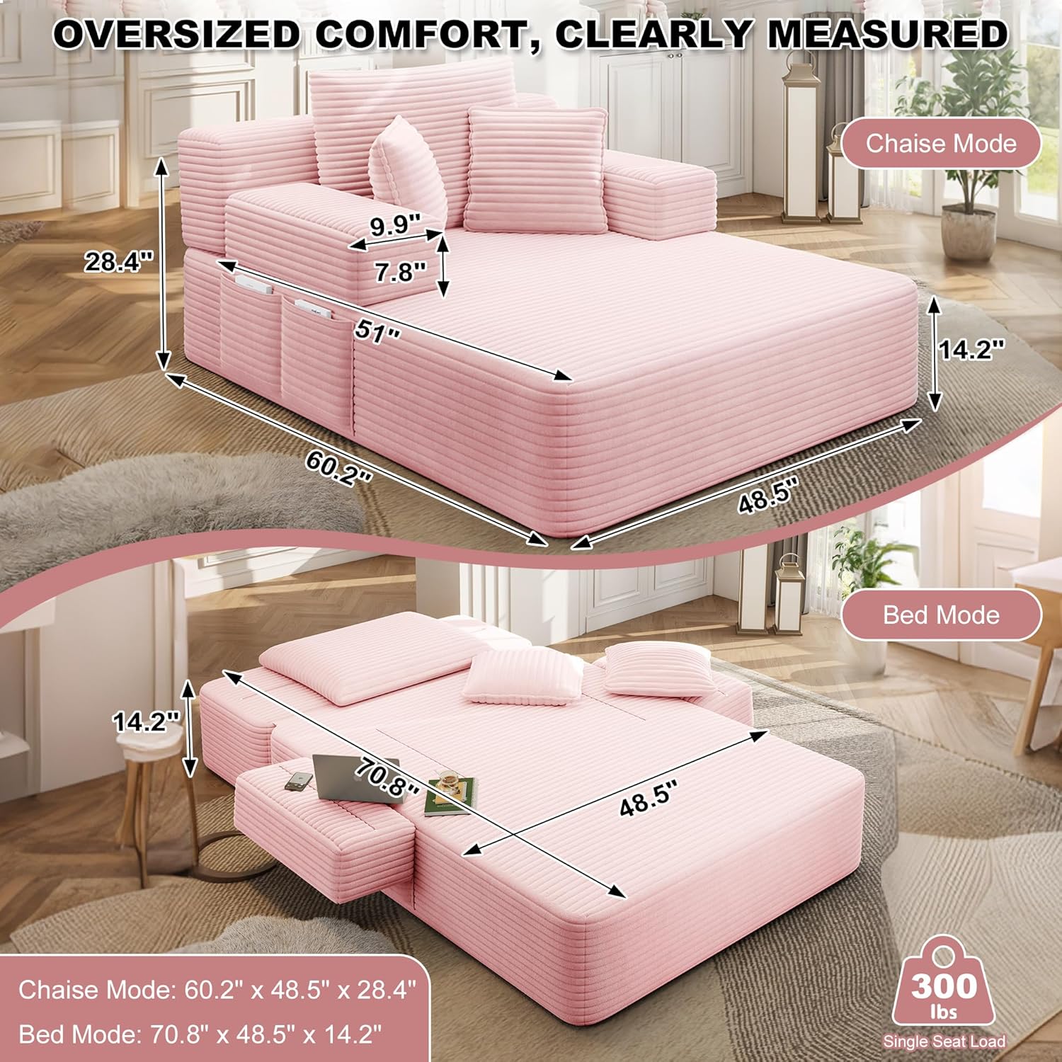 60.2" Oversized Chaise Lounge Chair, Boneless Corduroy Cloud Couch, Deep Seat Convertible Sofa Bed with 3 Pillows, Wide Armrests, Side Pocket, No Assembly (Baby Pink)