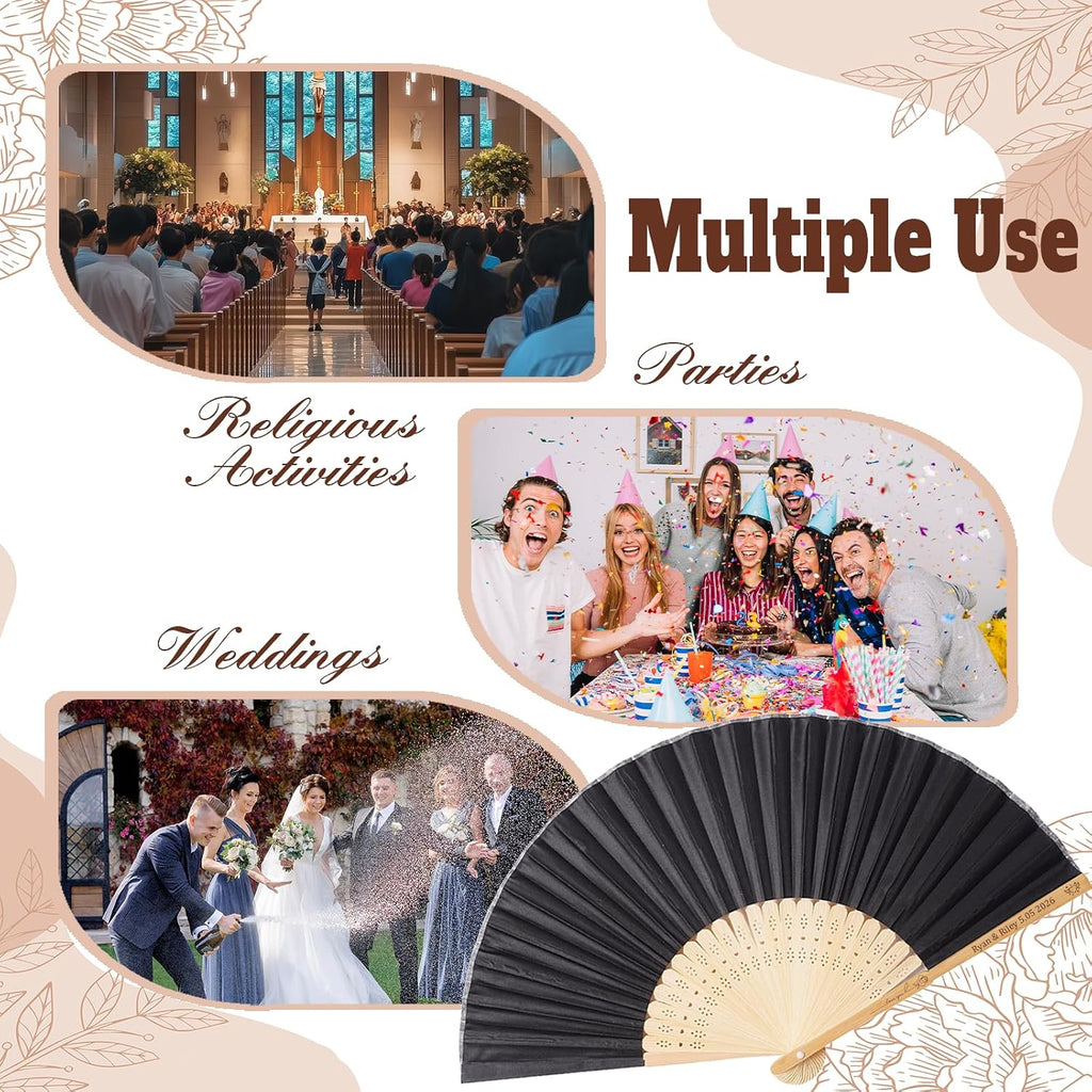 HJX Personalized Wedding Fans for Guests Custom Engraved Bulk Silk Folding Fans Favors for Party