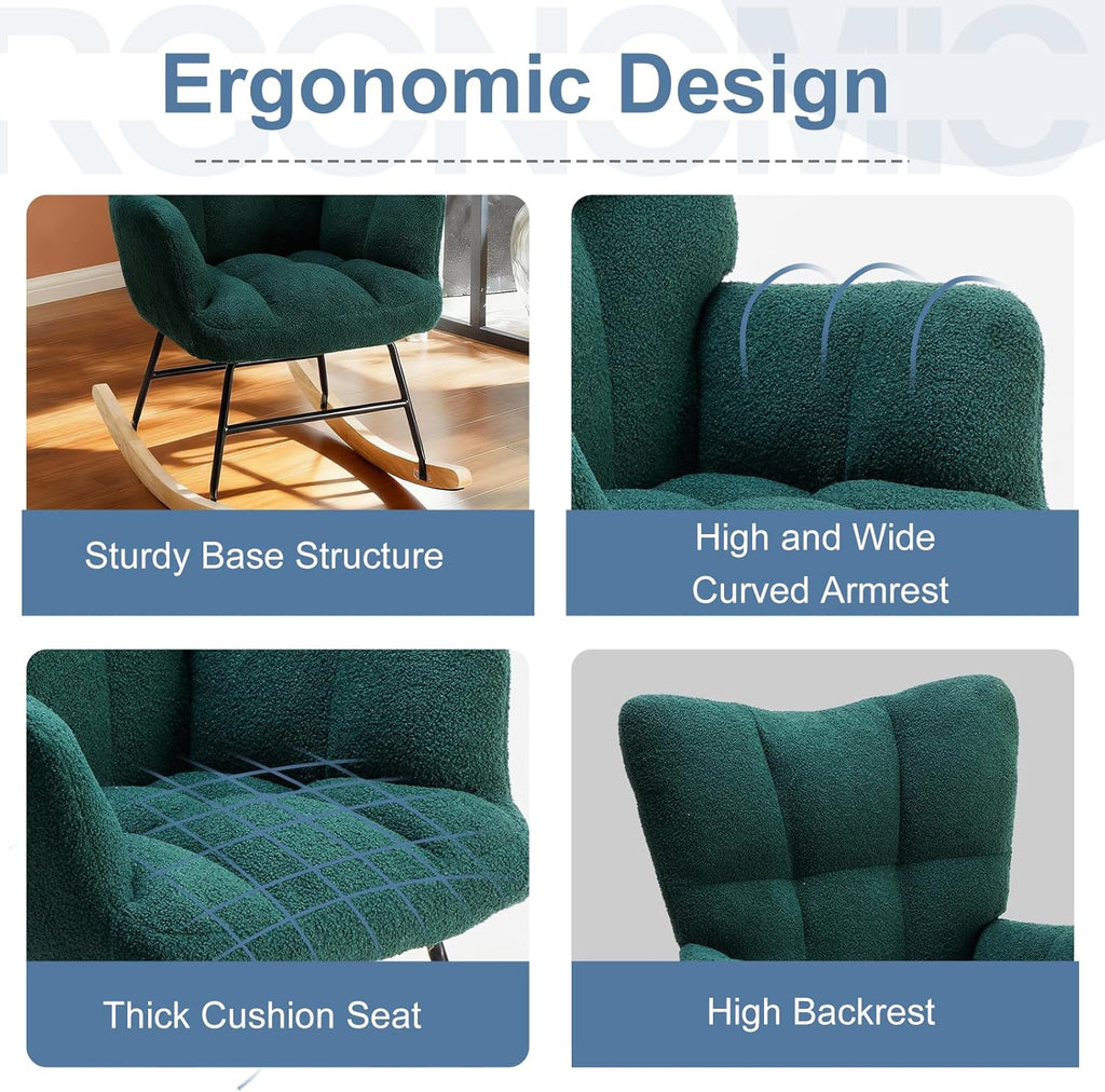 Rocking Chair, Upholstered Nursery Glider with 350 LBS Weight Capacity, Thick Padded Seat, Soft Teddy Fabric, Solid Wood Legs for Living Bedroom Nursery, 36.22"D x 28.35"W x 39.76"H, Green