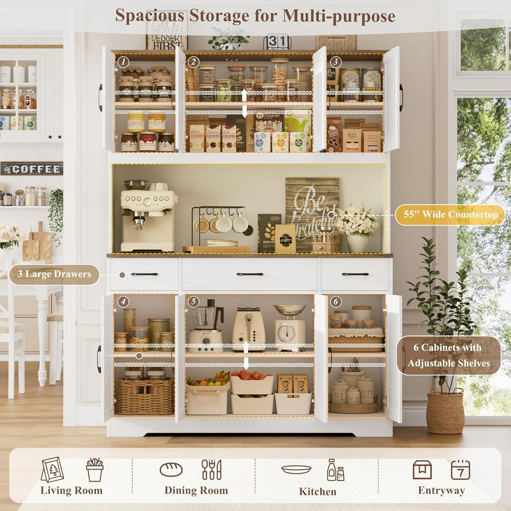 Large Pantry Cabinet with Charging Station and Power Outlet, 71" Tall Kitchen Hutch with Drawers and Countertop, Wide Freestanding Food Storage Cupboard, White