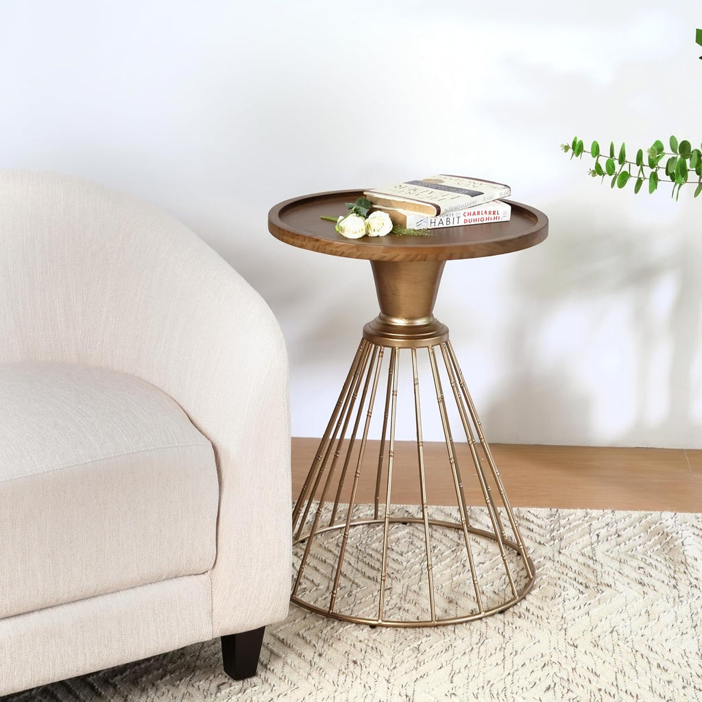 25" Pine Wood & Iron Side Table, End Table with Anti-Slip Concave Top, Small Table with Retro Hollow Design for Indoor Spaces, Antique Gold,Natural